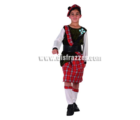 Disfraz de Escocés para niños de 7 a 9 años. Incluye polainas, falda, camiseta, banda, cinturón y boina.