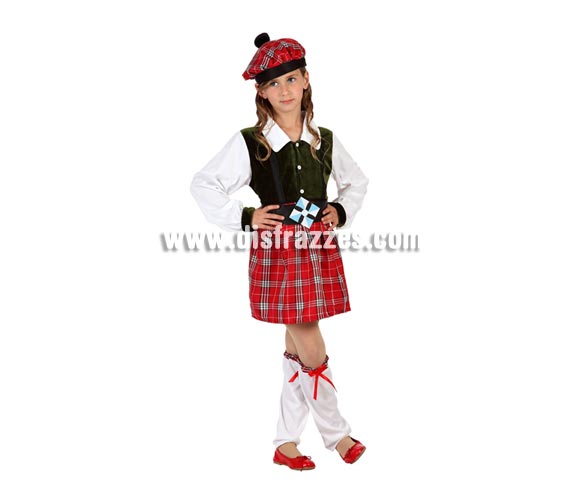 Disfraz de Escocesa para niñas de 10 a 12 años. Incluye polainas, falda, camiseta con chaleco, cinturón y boina. 