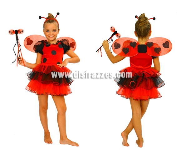 Disfraz de Mariquita para niñas de 3 a 4 años. Incluye vestido con volantes, alas, varita y diadema.