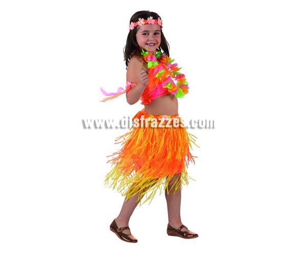 Disfraz de Hawaiana para niñas de 3 a 4 años. Incluye falda, top, collar, corona y brazaletes.