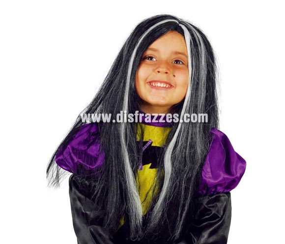 Peluca de Bruja o de Morticia negra con mechas blancas infantil para Halloween.