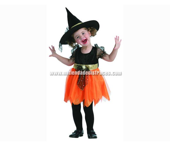 Disfraz de Bruja naranja económico talla de 3 a 4 años. Incluye sombrero y vestido.