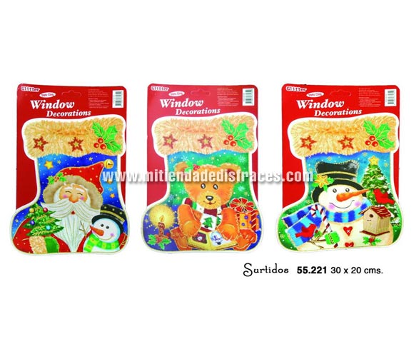 Adhesivas con motivos Navideños escarchados de 30x20 cms. Hay 3 modelos surtidos, precio por unidad, se venden por separado.