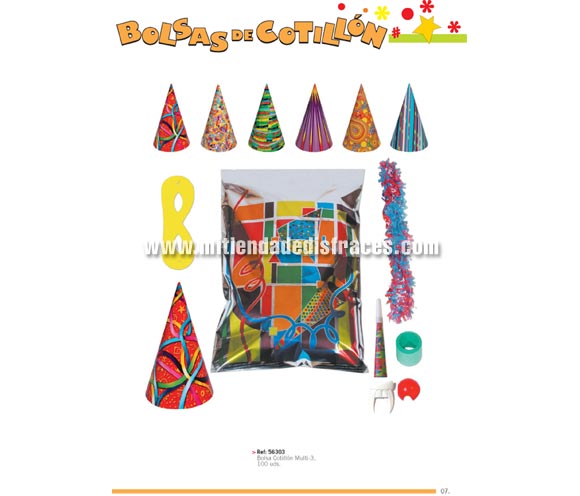 Bolsa cotillón multi-3 muy económico. Incluye antifaz, gorro, collar, trompeta o matasuegras, serpentina y nariz de payaso o dentadura.