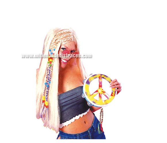 Pandereta con el símbolo de la paz. PAZDERETA. Complemento para disfraz de Hippie.