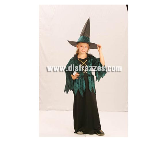 Disfraz de Bruja Hechicera Gótica económico talla de 7 a 9 años. Incluye vestido y sombrero.