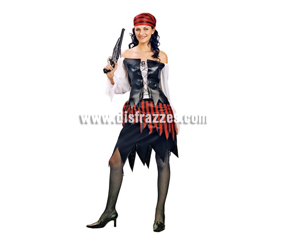 Disfraz de mujer Pirata adulta. Talla Standar M-L = 38/42. Incluye pañuelo, camisa, chaleco y falda. Pistola NO incluida, podrás verla en la sección de Complementos.