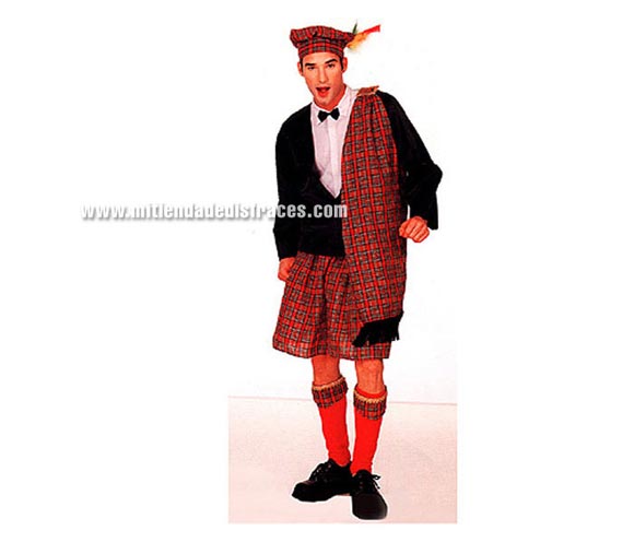 Disfraz de Escocés Adulto Económico. Talla única 52/54. Incluye parte superior, falda, manto, sombrero y cubrebotas.