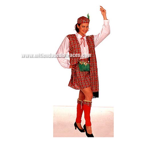 Disfraz de Escocesa Adulto Económico. Talla única 40/42. Incluye camisa con chaleco, falda, mantón, gorro, cubrebotas, cinta y cinturón.