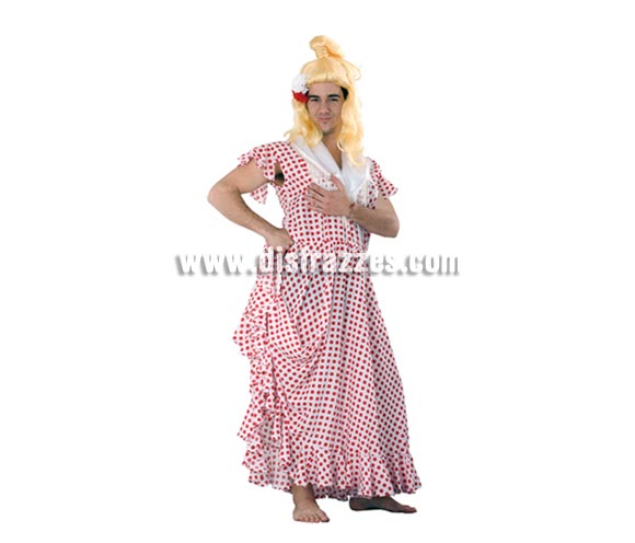 Disfraz barato de Sevillana para hombre. Talla única 52/54. Incluye vestido y pañuelo. Peluca NO incluida, podrás verla en la sección Pelucas, cualquier peluca es buena, puedes ir de Morena, de Rubia, de Pelirroja, etc. etc. Seguro que de Flamenca o Andaluza estás guapísima, jajajaja.