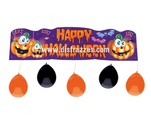 Cartel decorativo de 88 cm, con 5 globos naranjas. Happy Halloween. Artículo muy apropiado para decoración de Halloween en Discotecas, Pub's, Restaurantes, Colegios y Casas particulares y así crear un ambiente terrorífico y tenebroso típico de la Fiesta de Halloween cada vez más seguida por todos. ¡¡Cómpranos la decoración para Halloween, será divertido!!