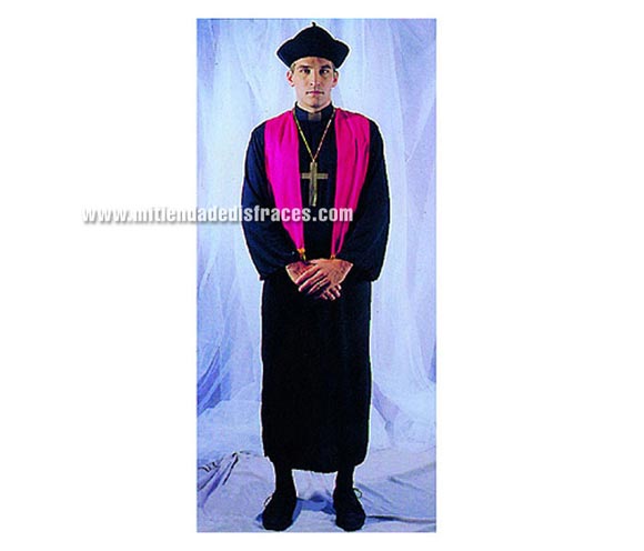 Disfraz de cura Adulto Económico. Talla única 52/54. Incluye gorro, túnica, estola y medallón. Disfraz de cura de la Iglesia con estola.
