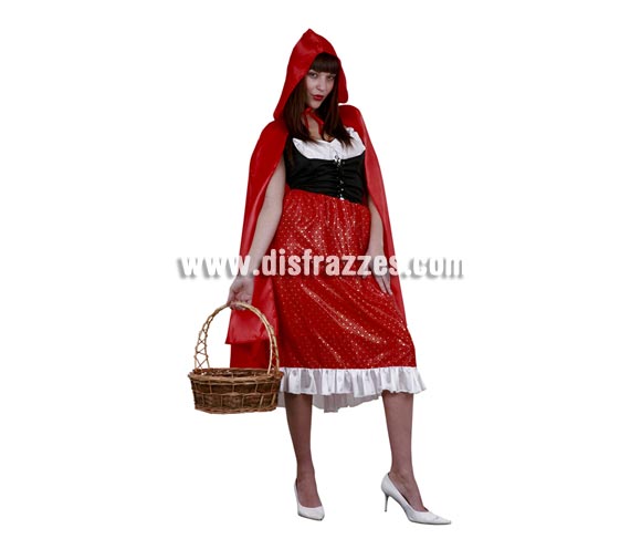 Disfraz de Caperucita adulta. Talla standar 38/42. Incluye capa con capucha, corpiño con blusa y falda. Cesta NO incluida. Puedes combinar como pareja de éste disfraz con cualquier disfraz de Lobo, la pareja ideal.