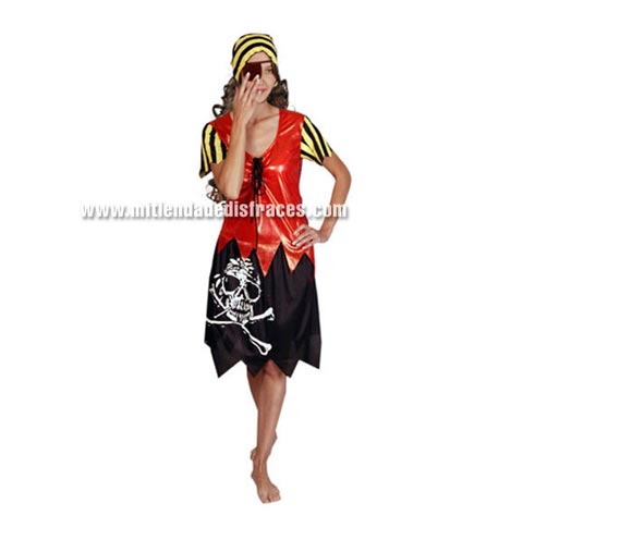 Disfraz de Pirata chica adulta. Talla única 40/42. Incluye falda, camisa, pañuelo y parche.