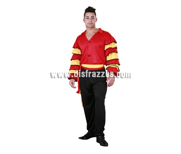 Disfraz de Bailaor Flamenco. Disfraz de Sevillano. Disfraz de Rumbero. Talla única de adulto 52/54. Incluye pantalones, camisa y fajín. Disfraz de Caribeño o Rumbero para hombre.