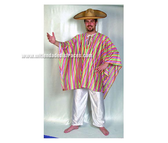 Disfraz de Mejicano Adulto Económico. Talla única 52/54. Incluye poncho y pantalones. Gorro NO incluido, podrás verlo en la sección de Sombreros, gorros y diademas.