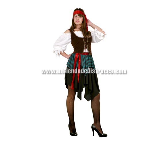 Disfraz de mujer Pirata. Talla única 42/44. Incluye camisa, chaleco, falda, tocado y cinturón.