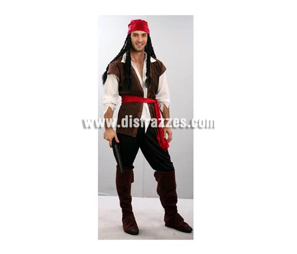 Disfraz de Pirata adulto. Talla única 52/54. Incluye pantalón, camisa-chaleco, turbante, cinturón y botas de tela. Peluca NO incluida, podrás verla en la sección de Complementos.