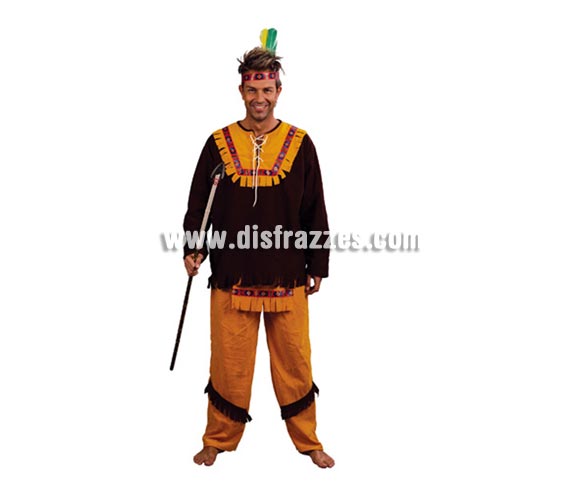 Disfraz de Indio Marrón adulto para hombre. Talla única 52/54. Incluye cinta cabeza, casaca, delantal y pantalones. Lanza NO incluida, podrás verla en la sección Complementos.