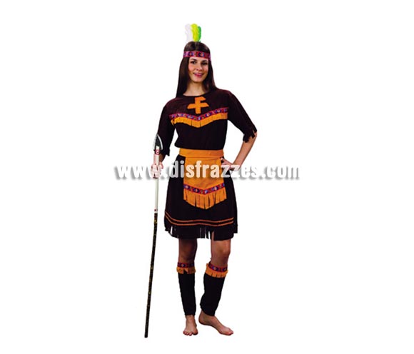 Disfraz de India Marrón adulta. Talla standar 38/42. Incluye tocado, vestido, delantal y espinilleras. Lanza NO incluida, podrás verla en la sección Complementos.