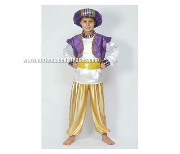 Disfraz de Principe Árabe Económico talla de 4 a 6 años. Incluye camisa con chaleco, turbante, cinturón y pantalón. Disfraz de Paje Real para Navidad.