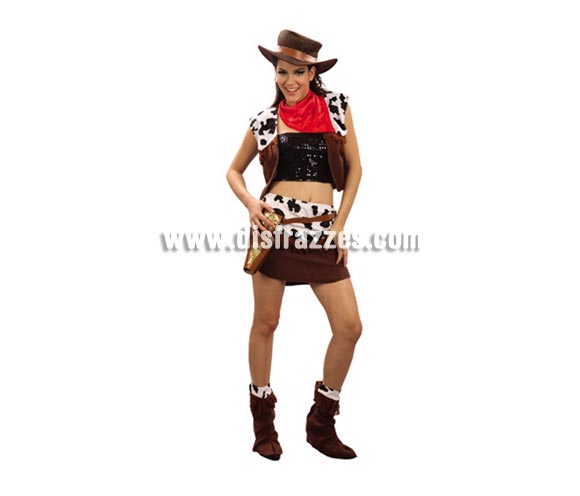 Disfraz barato de Vaquera para mujer. Talla standar 38/42. Incluye chaleco, falda, pañuelo y cubrebotas. Sombrero, cartucheras, cinturón, top y pistolas NO incluidos.