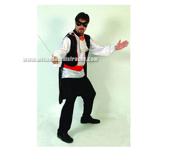 Disfraz de Héroe Enmascarádo Adulto Económico. Talla única 52/54. Incluye camisa, chaleco, capa, pantalón, máscara y fajín. Disfraz del Zorro para hombre.