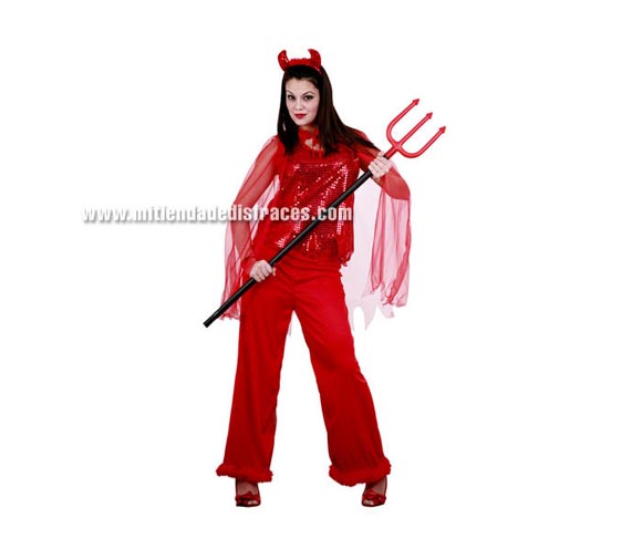 Disfraz de Mujer Demonio de Lentejuelas Adulta Económico. Talla única 42/44. Incluye camisa con capa, pantalón y cuernos. Tridente NO incluido.