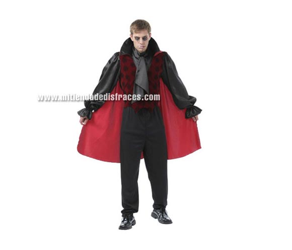Disfraz de Vampiro Gótico Adulto Económico. Talla única 52/54. Incluye capa con chaleco, pantalón y cuello con pechera.