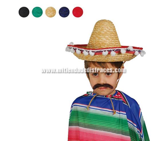 Sombrero Mejicano paja 35 cm. infantil (Disponible en 5 colores). Precio por unidad, se venden por separado.