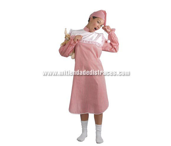 Disfraz de Dormilona adulta Económico. Talla única válida hasta la 42/44. Incluye CAMISÓN Y GORRO. Un disfraz muy económico de algo que siempre nos hace gracia disfrazarnos, como si hubiéramos acabado de salir de la cama, ¡qué cómodo, cuando acabe la noche, directo a acostarte. 
