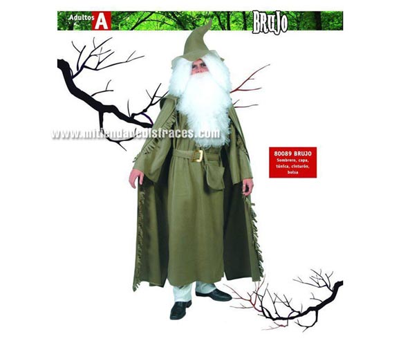 Disfraz de Brujo adulto. Talla única 52/54. Incluye sombrero, capa, túnica, cinturón y bolsa. Para hacer Brujería, hechizos y pócimas.