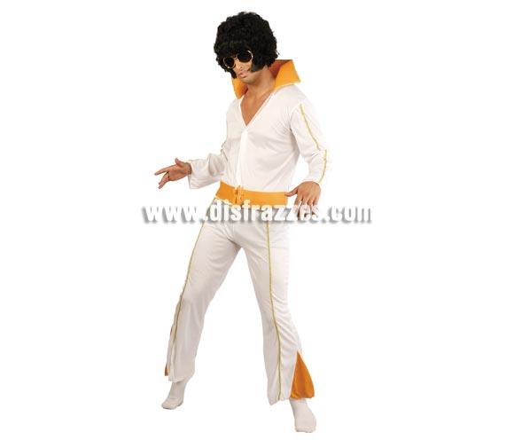 Disfraz barato de Rey del Rock adulto para Carnavales. Talla única 52/54. Incluye traje y el cinturón. Para imitar al legendario Elvis Presley. Peluca NO incluida, podrás verla en la sección Complementos. Vestir al novio de Elvis en una despedida de Soltero es muy auténtico.