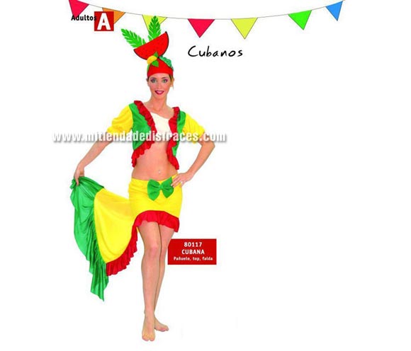 Disfraz de Cubana adulta. Talla única 44/46. Incluye pañuelo, top y falda. Para bailar la Salsa, el Merengue y el Cha-cha-chá. Un disfraz muy económico y divertido que favorece mucho y da mucho juego. NO INCLUYE LAS FRUTAS DE LA CABEZA.