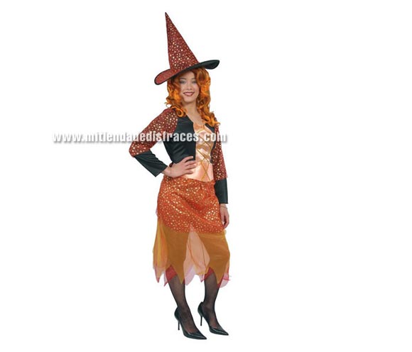 Disfraz de Bruja Naranja Adulta. Talla única 42/44. Incluye gorro, vestido y cinturón.