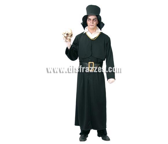 Disfraz de Enterrador para Halloween adulto. Talla única 52/54. Incluye sombrero, cuello, túnica y cinturón. Calavera NO incluida, podrás verla en la sección de Halloween Complementos y Decoración. 
