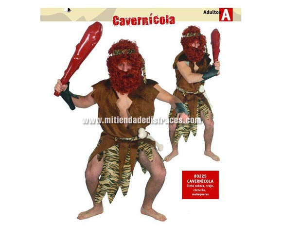 Disfraz de Cavernicola  o Troglodita adulto. Talla única 54/56. Incluye cinta cabeza, traje, cinturón y muñequeras. Huesos, maza y peluca NO incluidas, podrás verlos en la sección de Complementos.