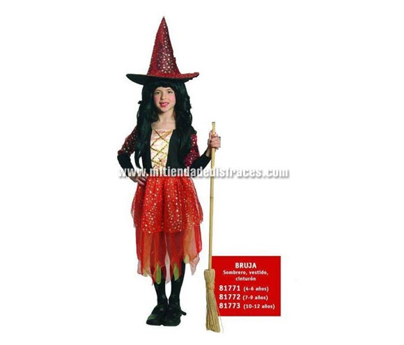 Disfraz de Bruja Naranja de 4 a 6 años. Incluye sombrero, vestido y cinturón. Escoba NO incluida, podrás verla en la sección de complementos.
