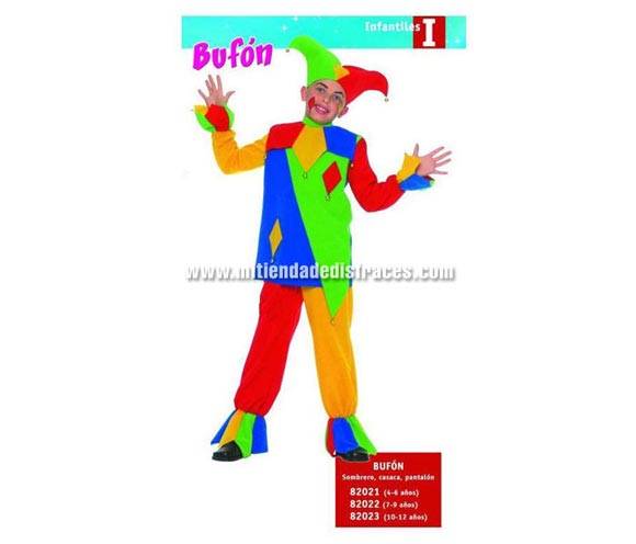 Disfraz de Bufón infantil. Talla de 7 a 9 años. Incluye sombrero y casaca con cascabeles y pantalón.