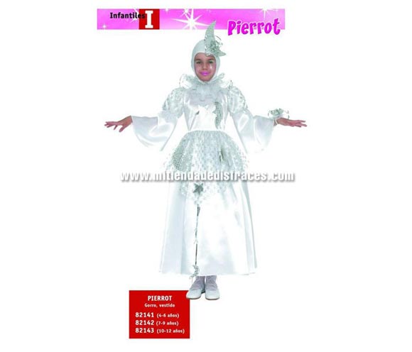 Disfraz de Pierrot Infantil de 7 a 9 años. Incluye gorro y vestido.