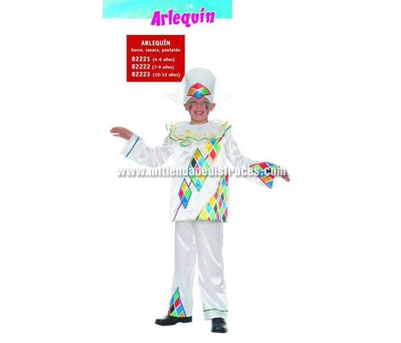 Disfraz de Arlequín Infantil de 7 a 9 años. Incluye gorro, casaca y pantalón.