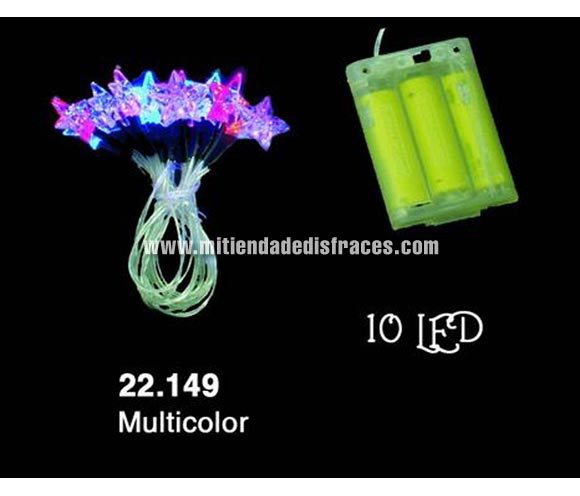 Guirnalda 10 Estrellas LED multicolor para interior. Funciona con pilas, marca CE. Ideal para decorar el árbol de Navidad o cualquier espacio.