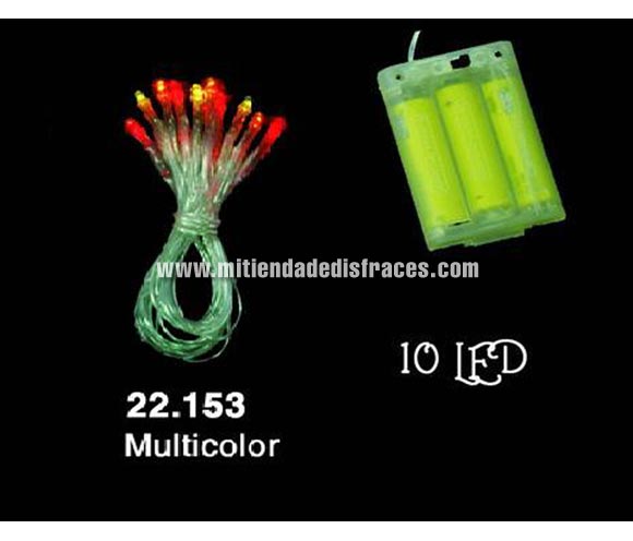 Guirnalda de 10 LED multicolor para interior. Funciona con pilas, marca CE. Ideal para decorar el árbol de Navidad o cualquier espacio.