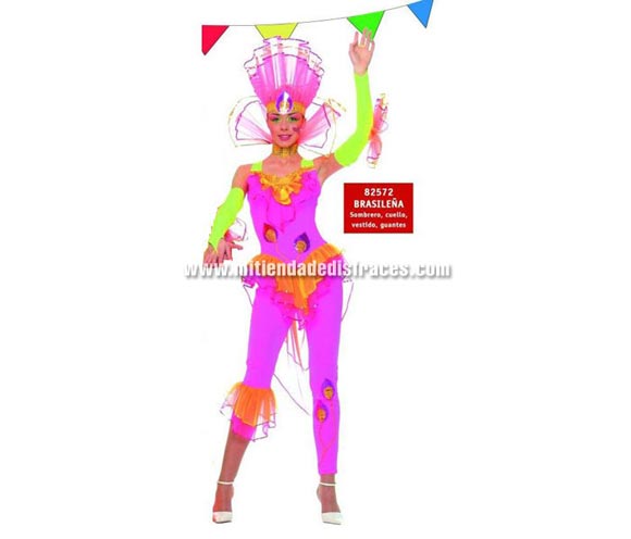 Disfraz de Brasileña adulta. Talla única 40/44. Incluye sombrero, cuello, vestido y mangas. Disfraz espectacular.