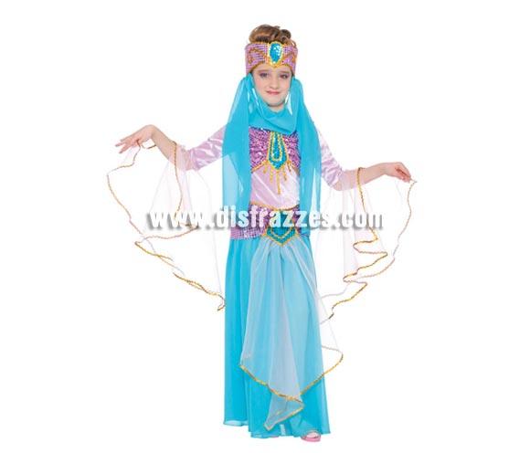 Disfraz de Bailarina Oriental infantil. Talla de 4 a 6 años. Incluye tocado y vestido. Disfraz de Danza del vientre. Disfraz de chica Árabe o de Bailarina del Vientre para niñas perfecto para Fiestas y Carnavales. También sirve cómo disfraz de Paje para Cabalgatas de Reyes en Navidad.