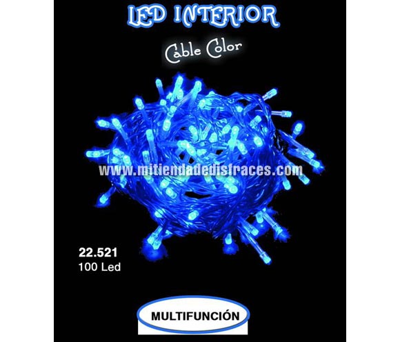 Bote Guirnalda de 100 LED multifunción de color azul para interior, con cable del mismo color. Marca CE. Ideal para iluminar el Árbol de Navidad.