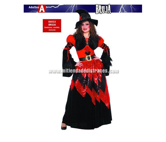 Disfraz de Bruja adulta. Talla única 40/44. Incluye sombrero, vestido y cinturón.