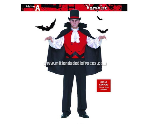 Disfraz de Vampiro adulto. Talla única 54/56. Incluye camisa, capa y pantalón. Disfraz del Conde Drácula. Sombrero NO incluido, podrás ver chisteras en la sección Complementos.