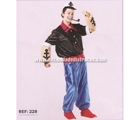 Disfraz de Popeye adulto. Talla Universal de mujer. Incluye disfraz completo con músculos. Pipa NO incluida. Disfraz para Grupo, Peña o Comparsa. ATENCIÓN grupos: consultar posibilidad de hacer en tallas de niños y precios según la cantidad de disfraces solicitada.