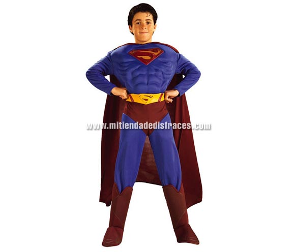 Disfraz de Superman musculoso. Disponible en varias tallas. Incluye traje completo con pechera musculosa y cubrebotas, capa y cinturón moldeada. Disfraz con licencia, es un buen regalo para pedir a Papa Noel o a los Reyes Magos.
